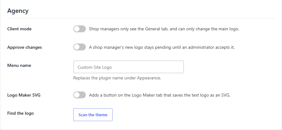 Agency settings for client mode, logo approval, menu name, SVG export, and theme scan