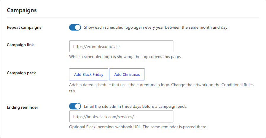 Campaigns settings with yearly repeat, campaign link, Black Friday and Christmas packs, and an ending reminder