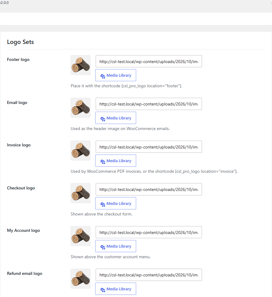 Logo Sets settings with footer, email, invoice, checkout, account, and refund logos
