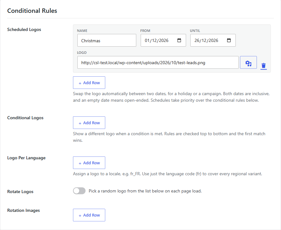 Conditional Rules settings with a Christmas schedule, conditions, language logos, and rotation