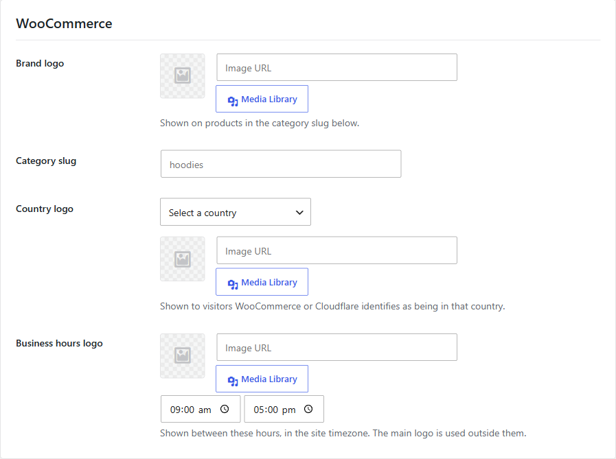 WooCommerce settings for a brand logo, category slug, country logo, and business hours logo
